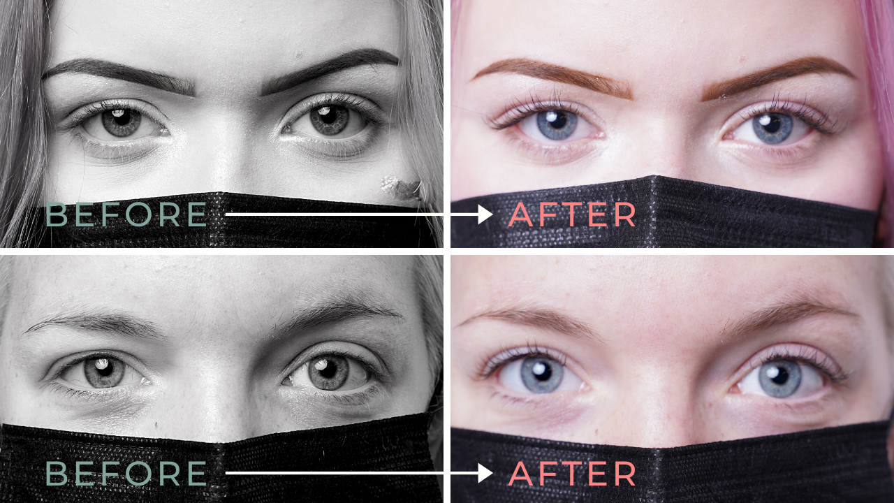 before and after photos from a lash extension workshop at aveda institute portland