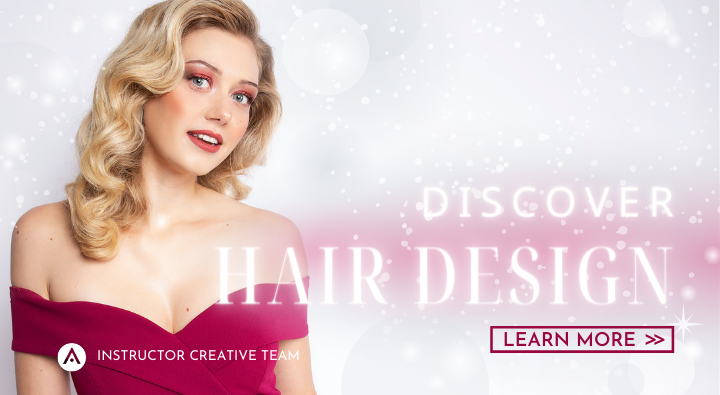 From the AIP Instructor Creative Team, a blonde model with fluffy hollywood waves, a bold lip and magenta evening gown. Discover Hair Design at Aveda Institute Portland.