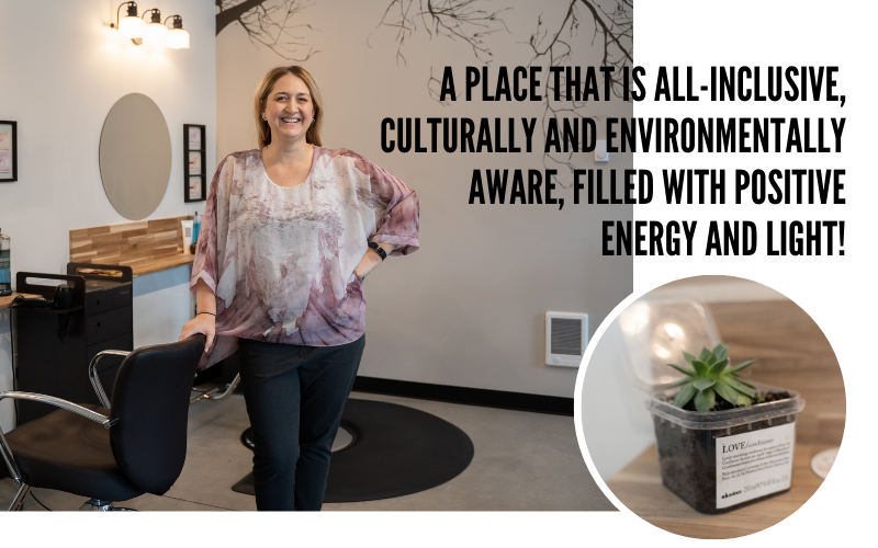 Aveda Institute Porltand alumni standing in her salon Sacred Moon. a place that Is all-inclusive, culturally and environmentally aware, filled with positive energy and LIGHT!
