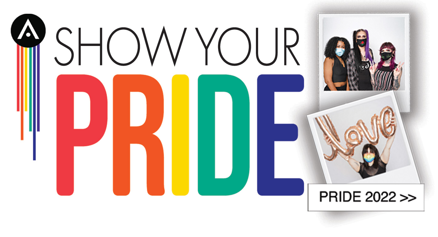 Polaroid style images with students dressed in rainbow outfits and makeup posing with balloons that say love. Text reads Show Your Pride, Pride 2022