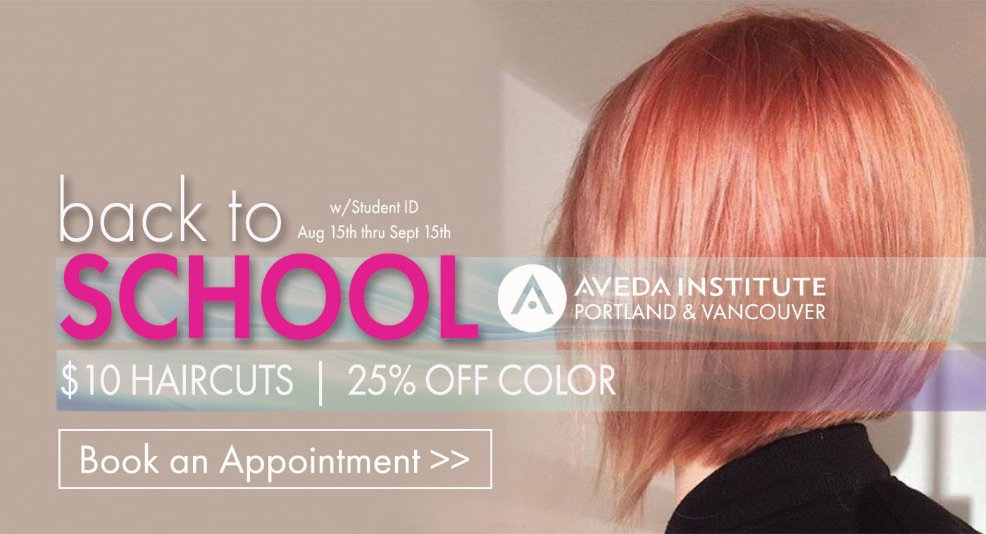 Picture of a person with a strawberry blond bob haircut and text that reads Back to School $10 haircuts and 25% off color with a student ID from August 15th to September 15th