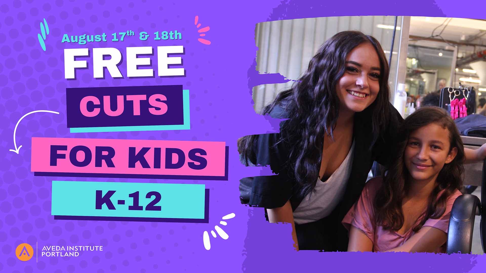 Free Haircuts for kids K-12 annual event with images of kids and student stylists