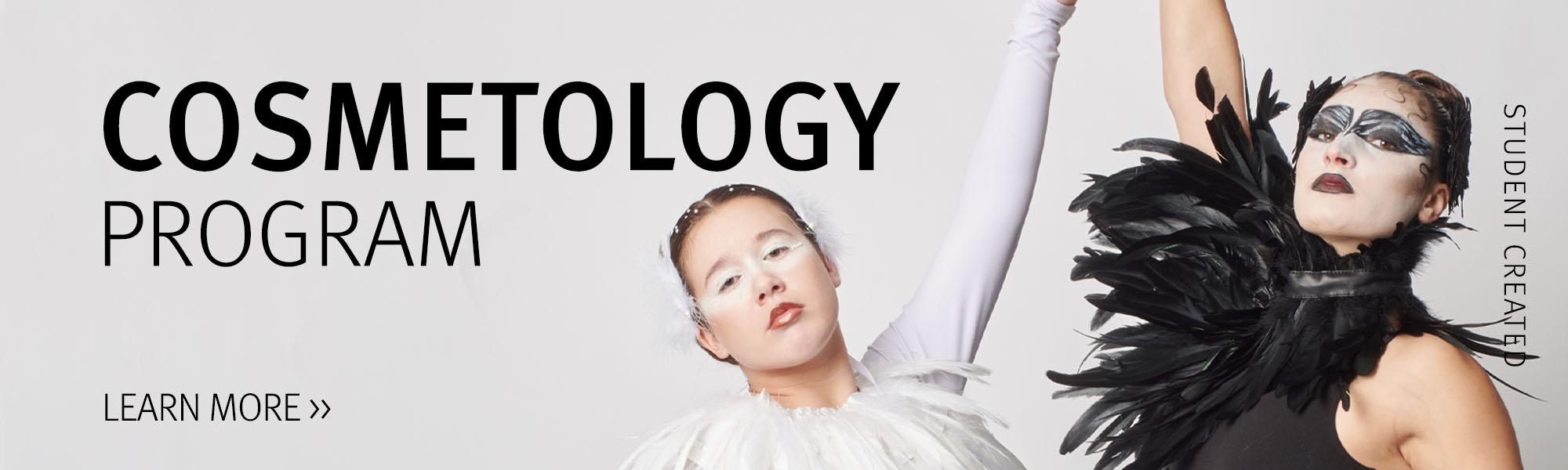 Image of a student photoshoot showcasing their cosmetology skills. The models are dressed as the black swan and white swan ballet dancers