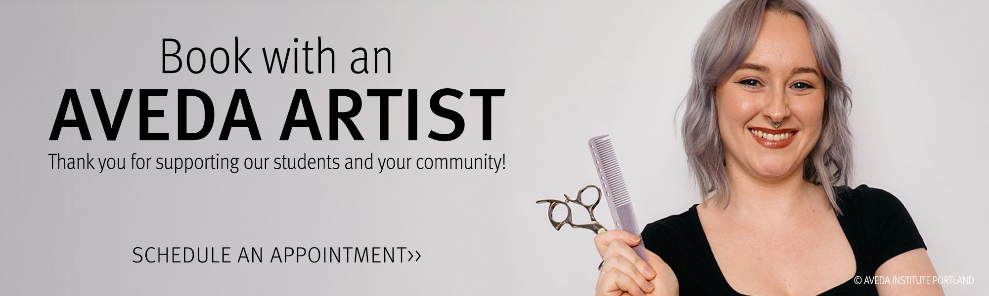 image of an Aveda student holding scissors and a comb. Book with an Aveda artist and support your community