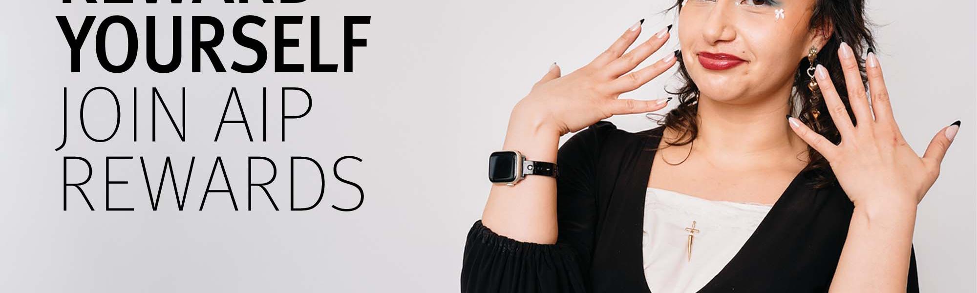 A student at Aveda Institute Portland with text join AIP rewards