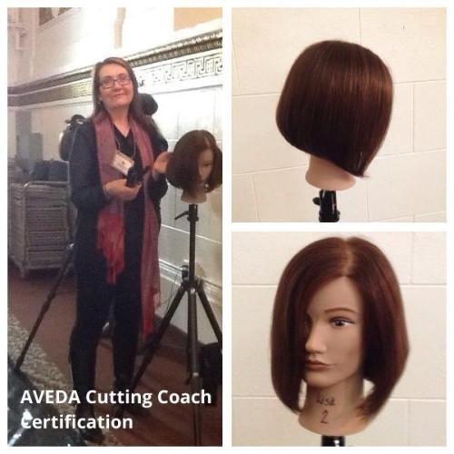 Aveda Institute Portland instructor Lisa Westom completing her Aveda certification as a hair cutting coach