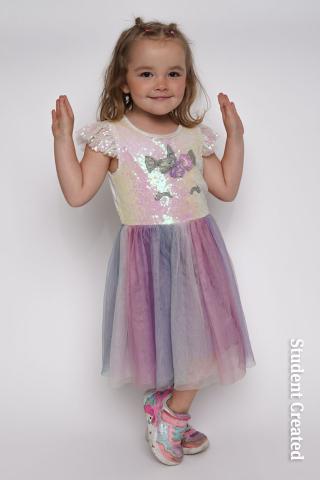 Image of a small child with braids in her hair. She is wearing a colorful rainbow dress